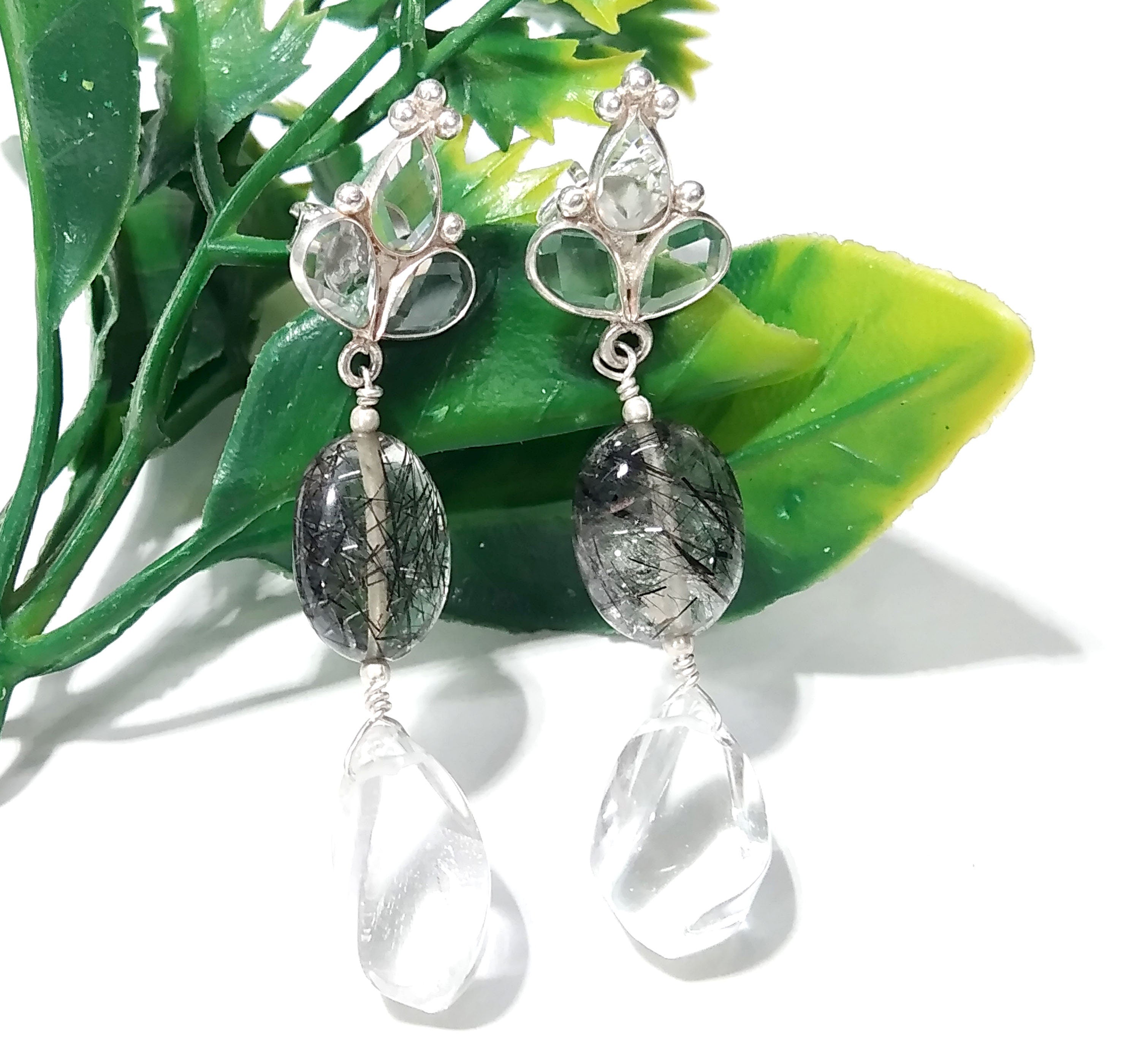 Rutile Quartz/Zircon And Crystal Gemstone Earrings ! 925 Silver With Natural Gemstone Zircon Faceted & Rutile Quartz Earring